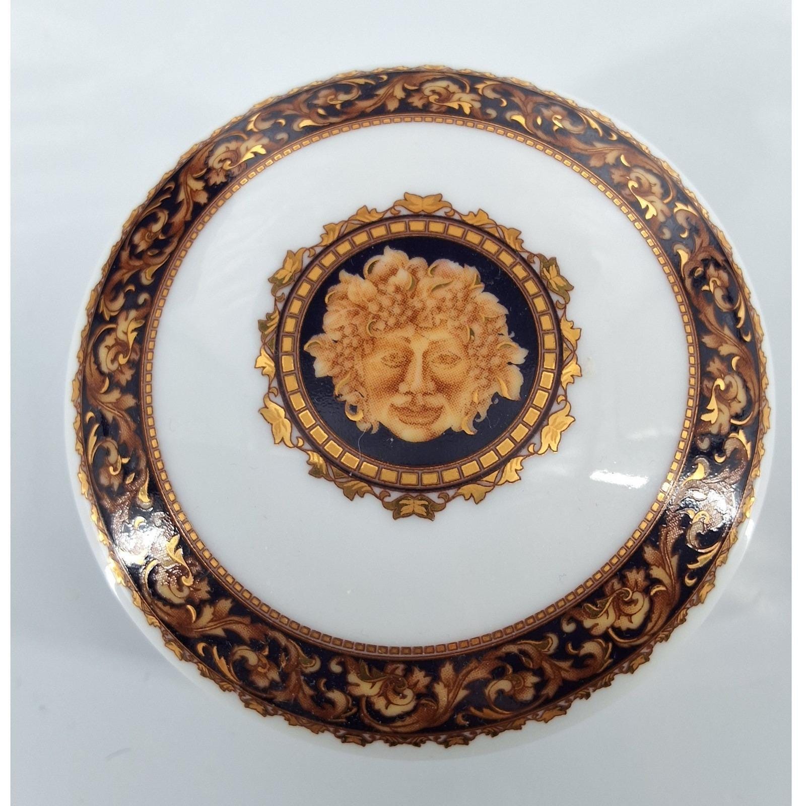 T. Limoges Bacchus Porcelain Trinket Box Gold Navy Blue French Vanity Jar - View 3