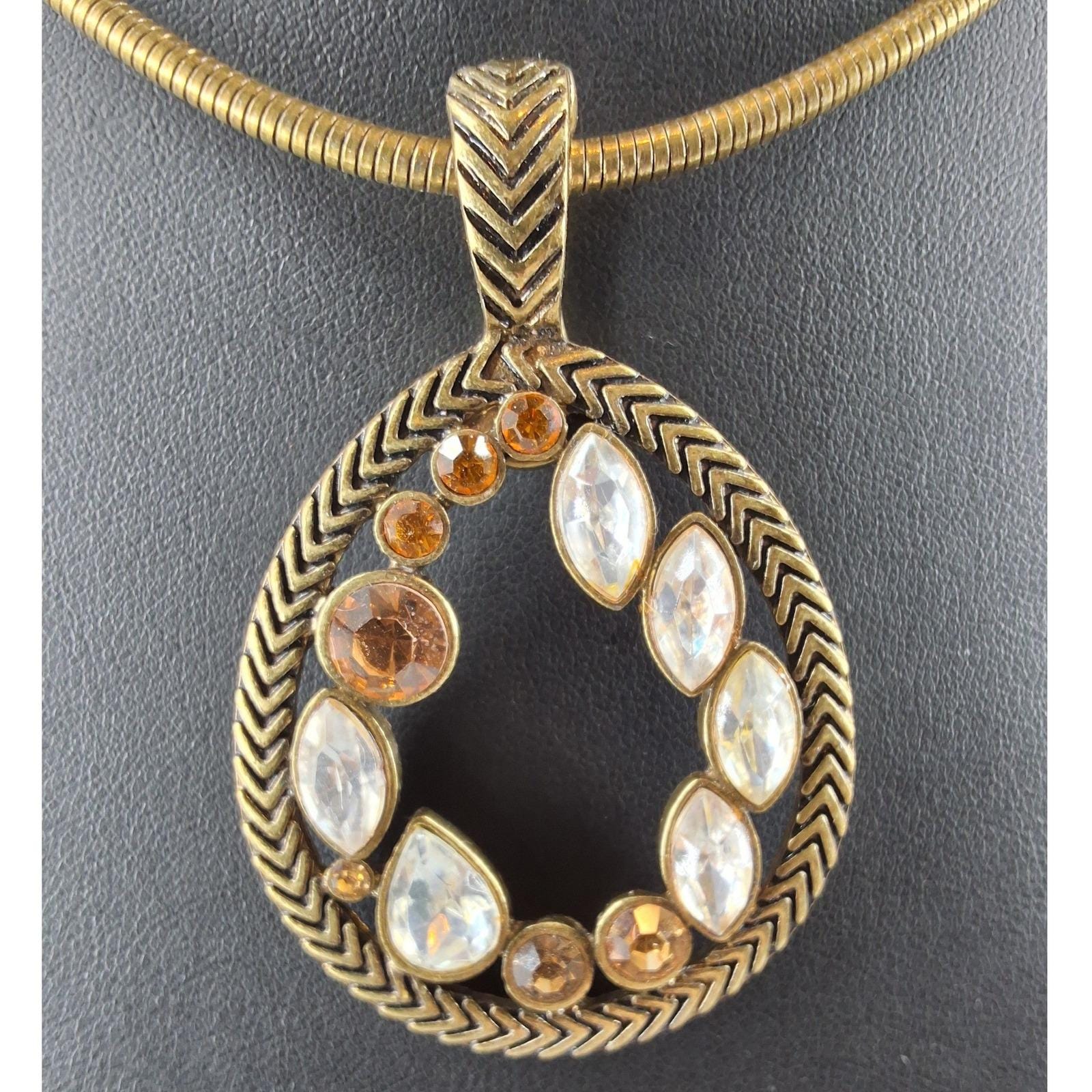 Premier Designs Antiqued Gold Amber Crystal Omega Necklace Earring Set - View 3