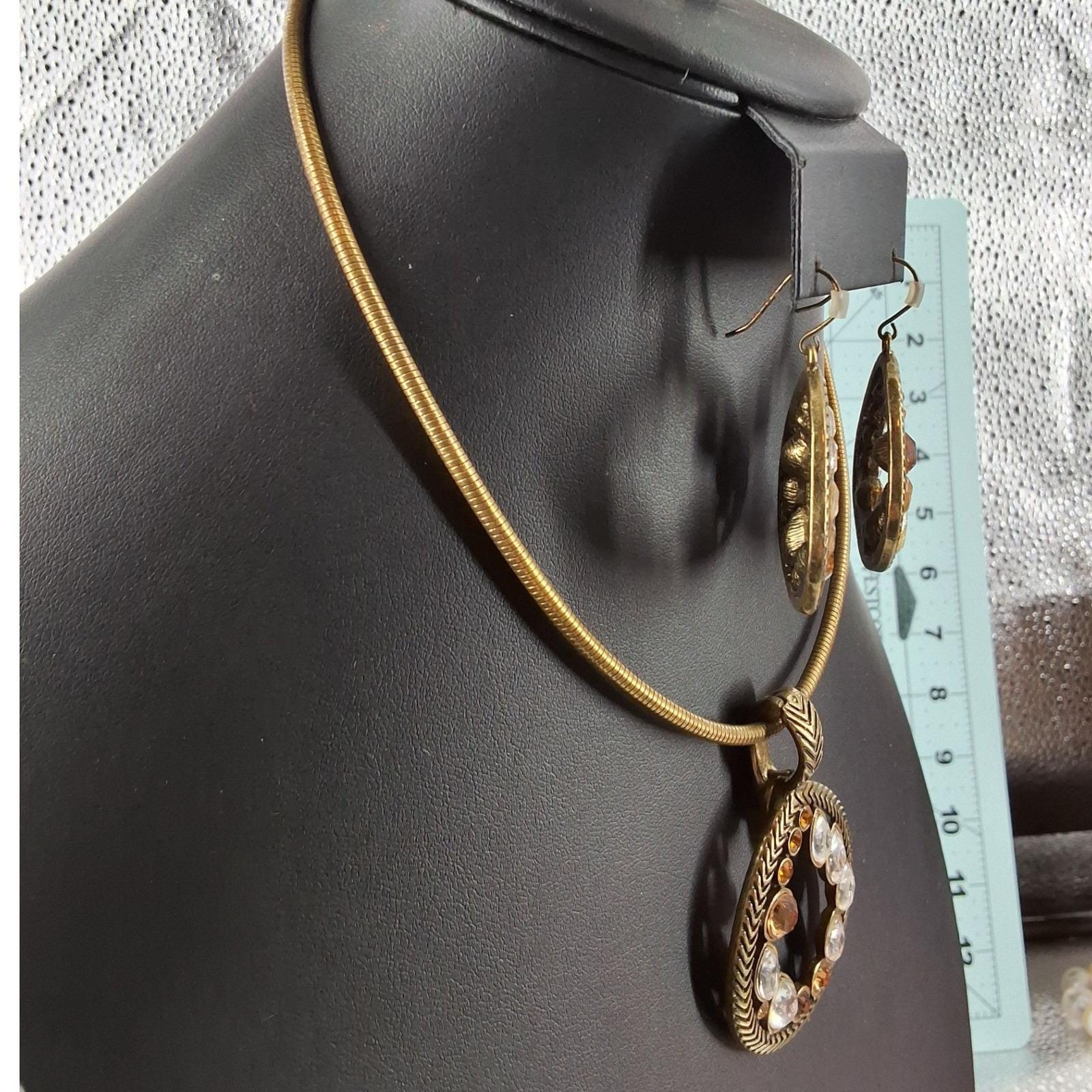 Premier Designs Antiqued Gold Amber Crystal Omega Necklace Earring Set - View 9