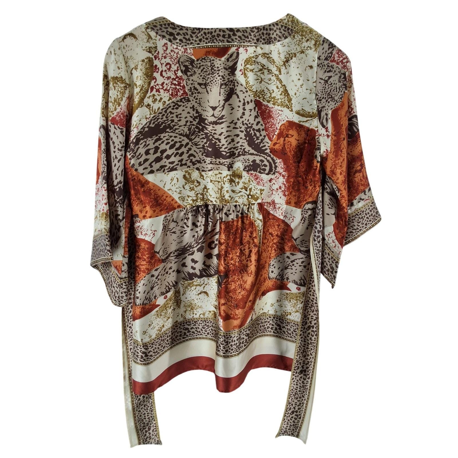 Karena P 100% Silk Animal Print Tunic Blouse V-Neck Empire Waist PS