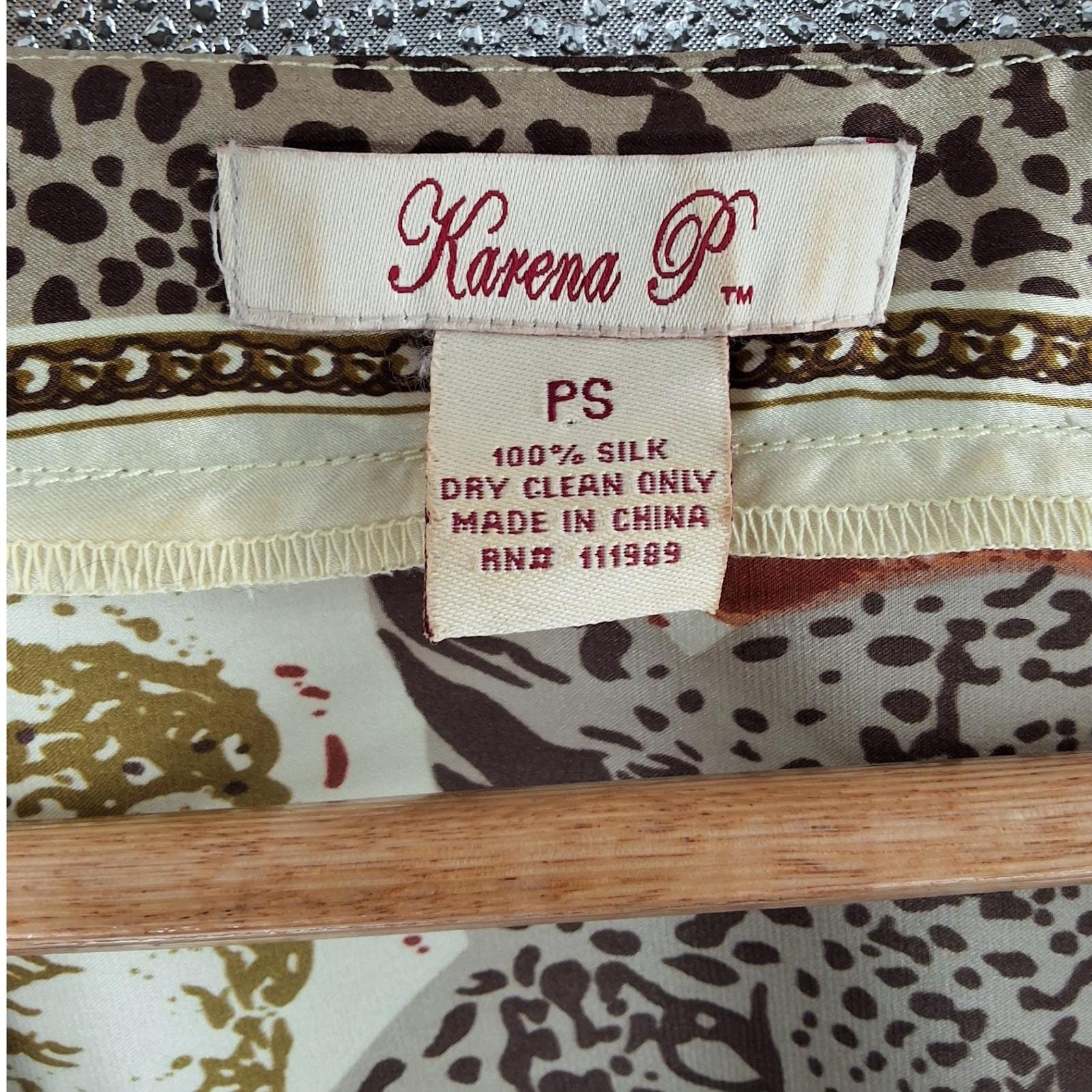 Karena P 100% Silk Animal Print Tunic Blouse V-Neck Empire Waist PS - View 5