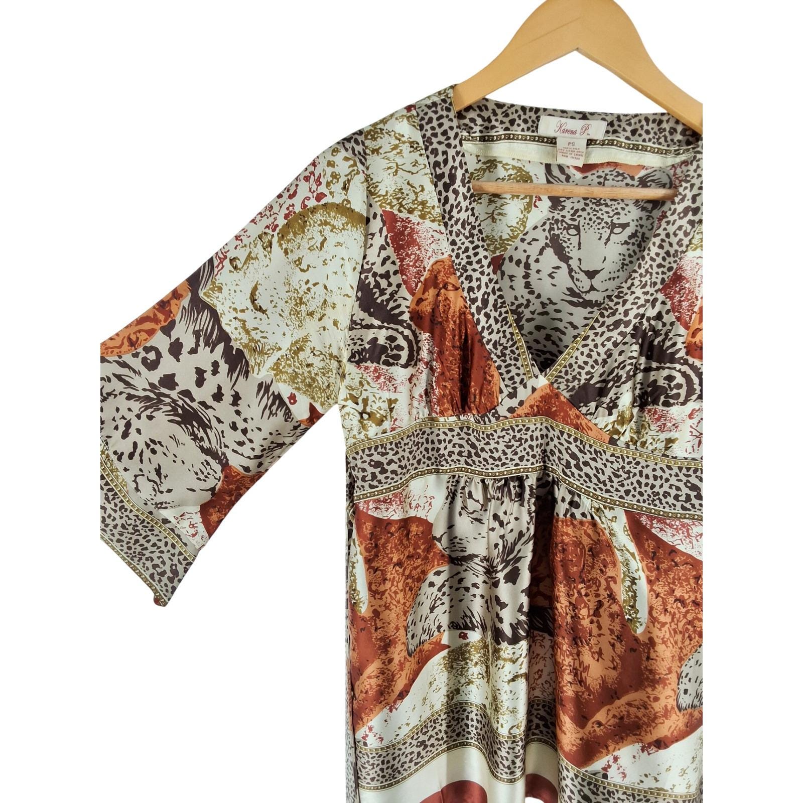 Karena P 100% Silk Animal Print Tunic Blouse V-Neck Empire Waist PS - View 7