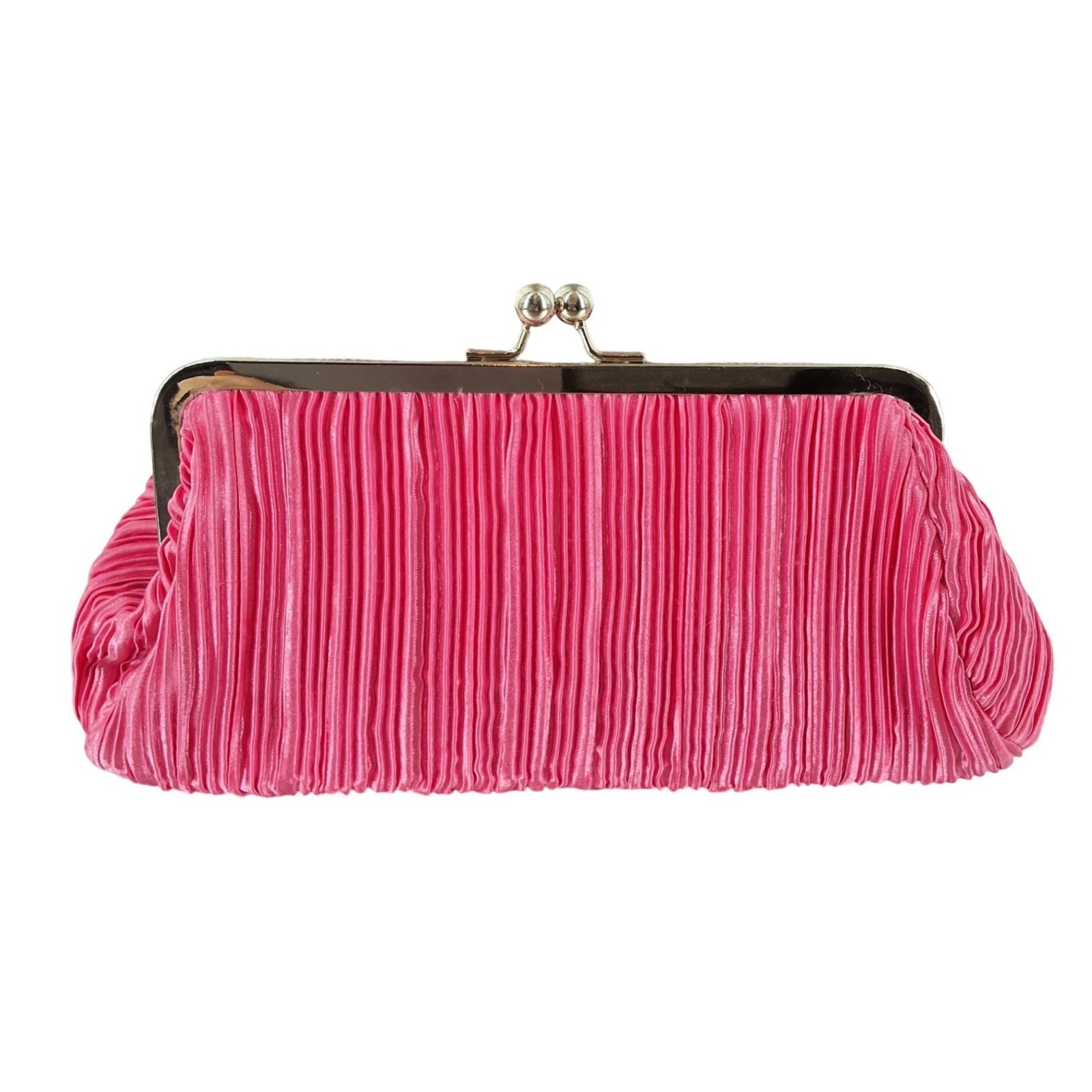 Hot Pink Satin Pleated Evening Clutch Bag with 3D Rosettes Kiss Lock Closure
