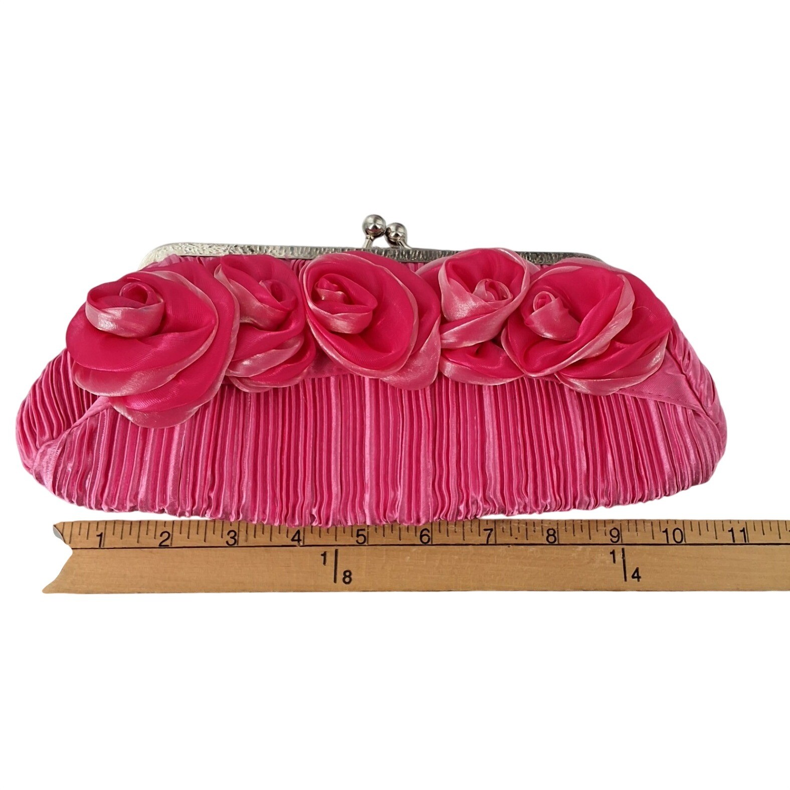 Hot Pink Satin Pleated Evening Clutch Bag with 3D Rosettes Kiss Lock Closure - View 3