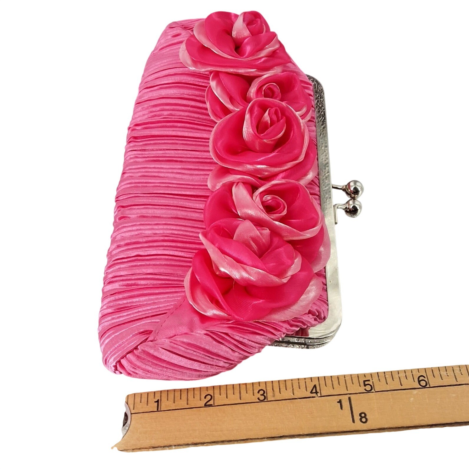 Hot Pink Satin Pleated Evening Clutch Bag with 3D Rosettes Kiss Lock Closure - View 5