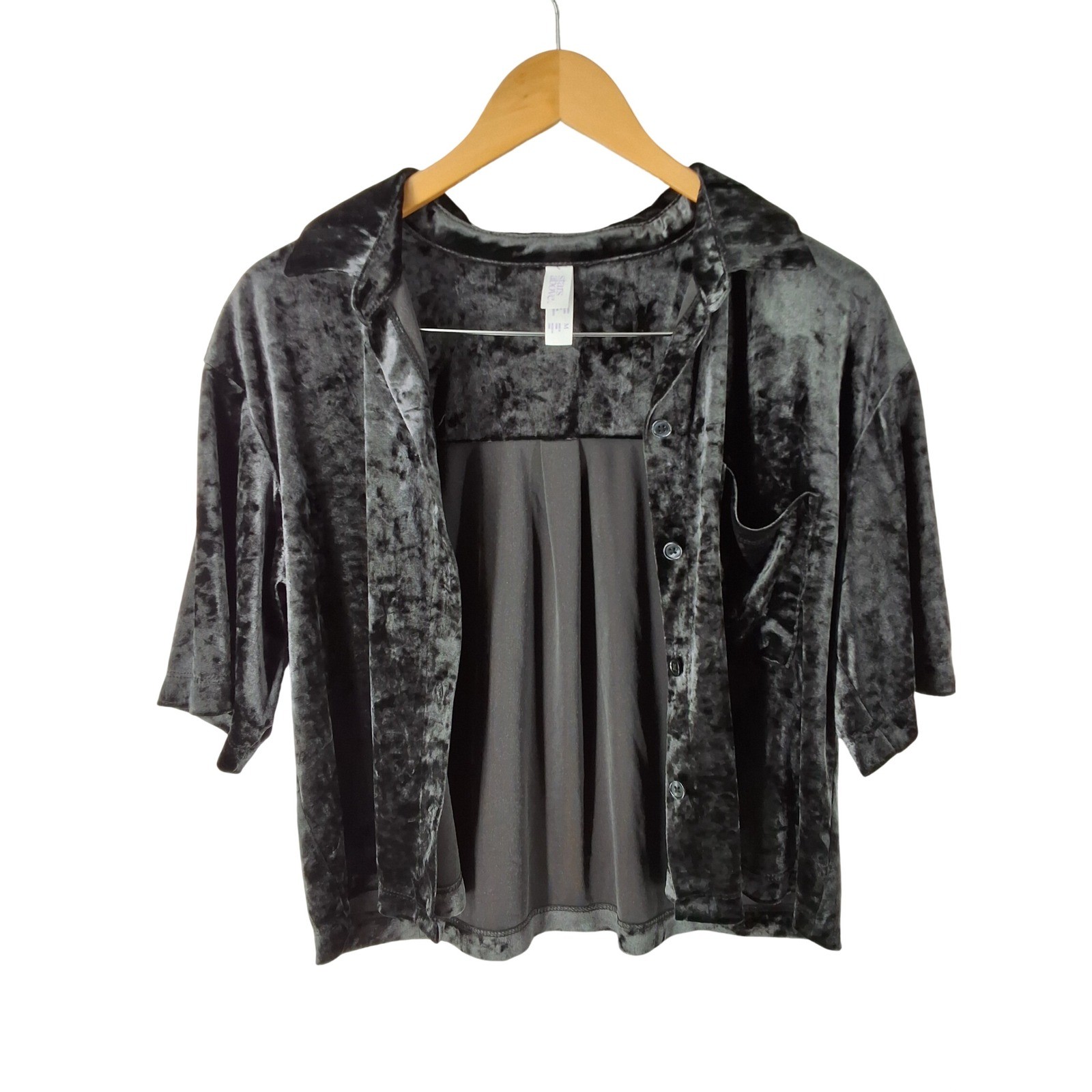 Stars Above Black Crushed Velvet Pajama Set Short Sleeve Button Down Pants M - View 6