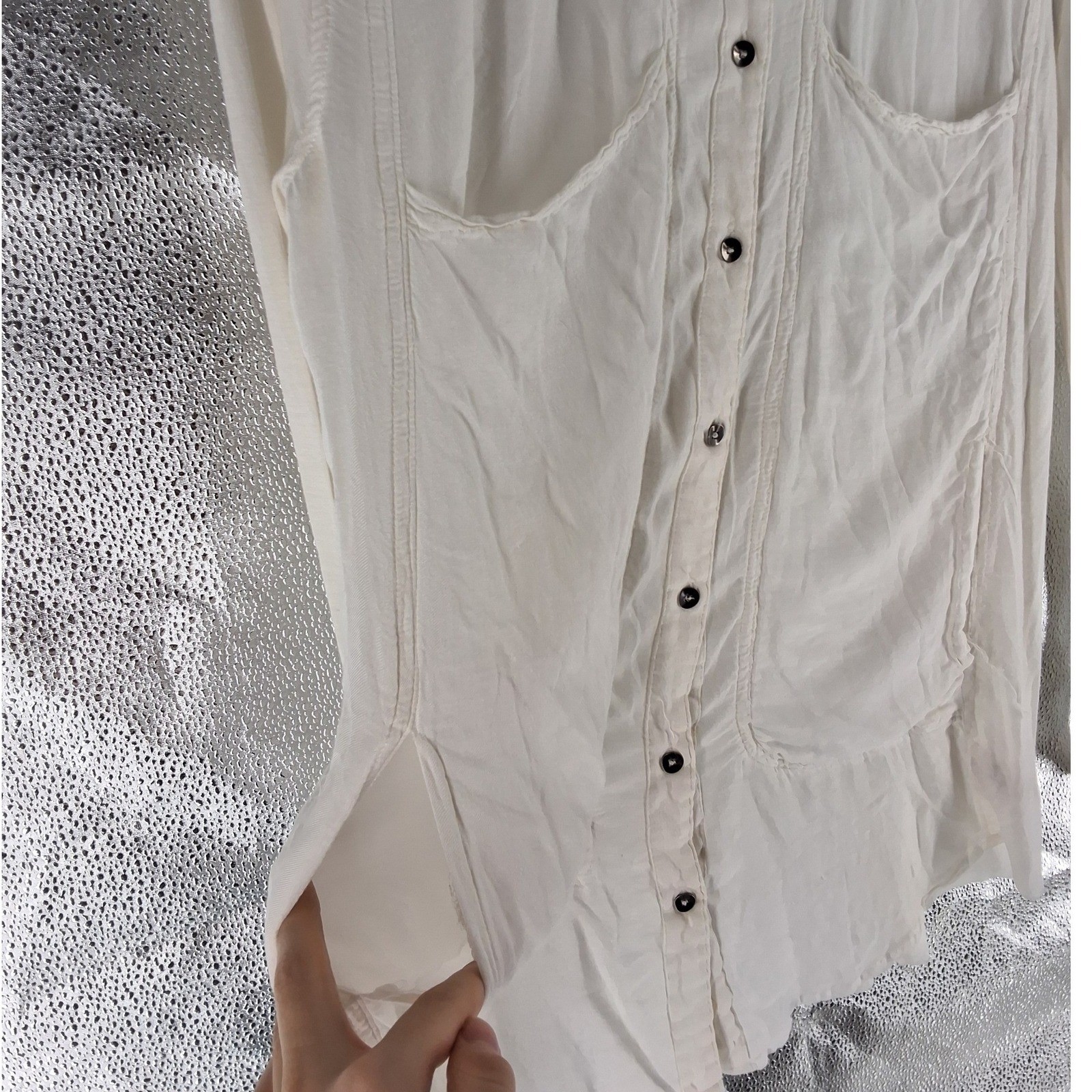 Free People White Rayon Button Down Boho Shirt Long Sleeve Oversized Pockets M - View 3
