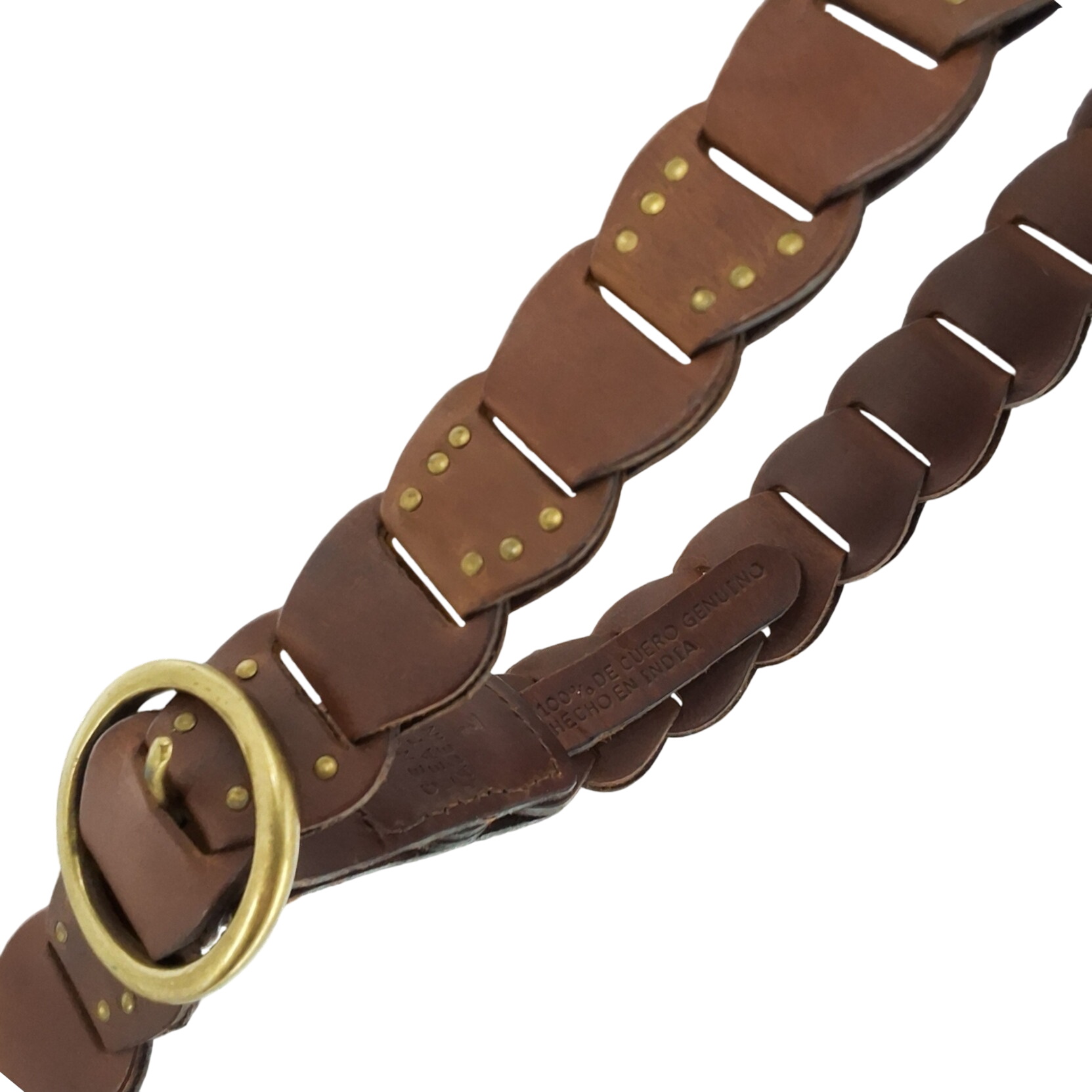 Brown Scalloped Leather Studded Boho Belt Brass Buckle L