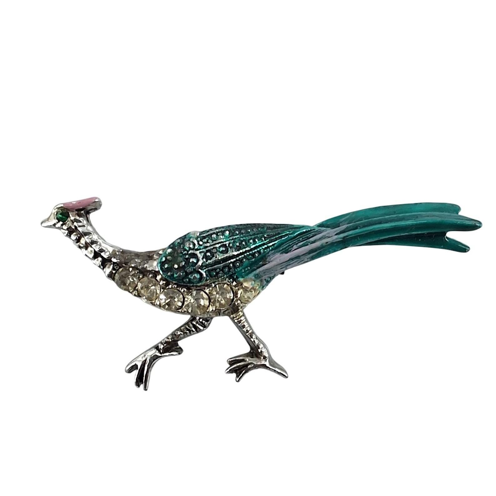 Vintage Silver Tone Teal Enamel Rhinestone Peacock Bird Brooch Pin Figural Art