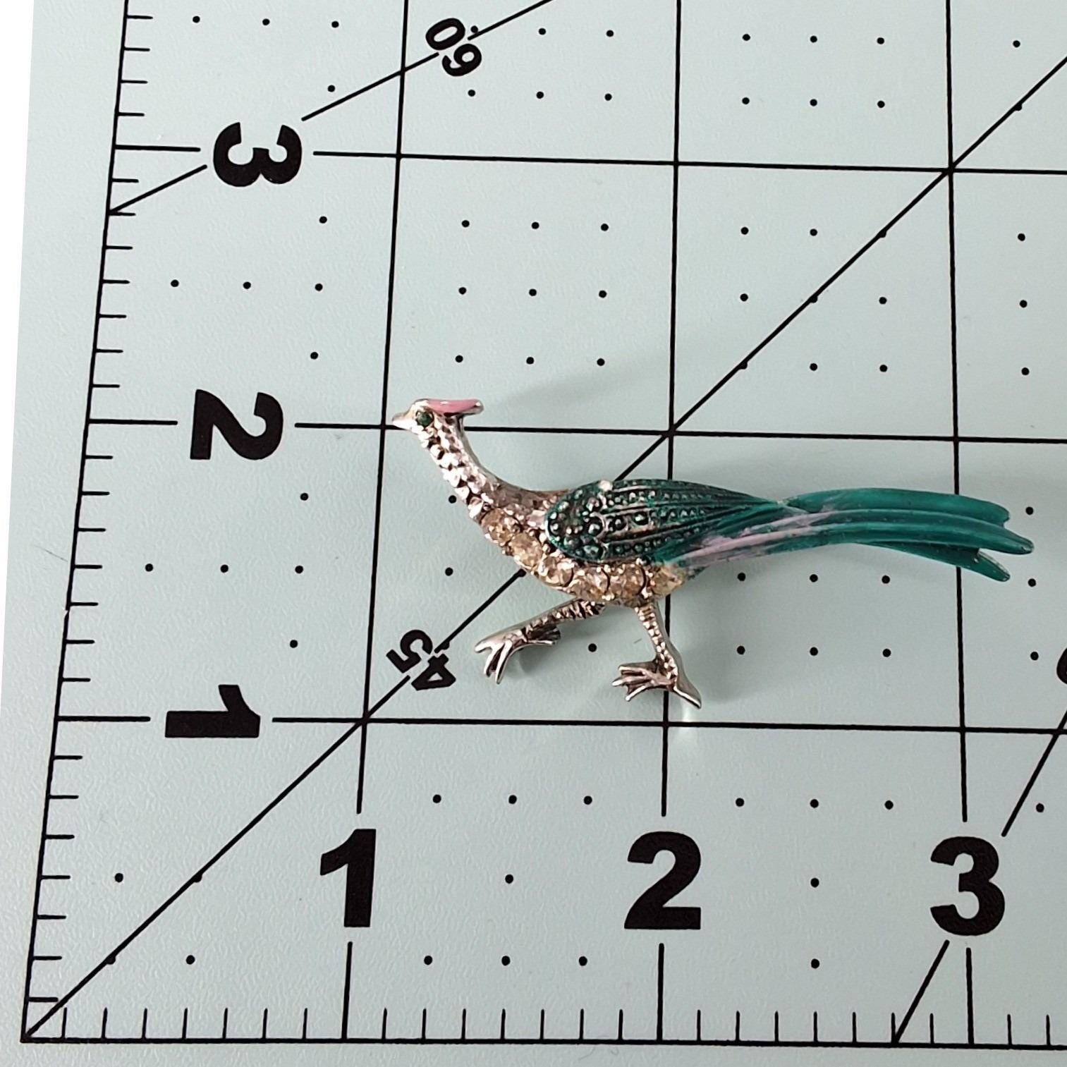 Vintage Silver Tone Teal Enamel Rhinestone Peacock Bird Brooch Pin Figural Art