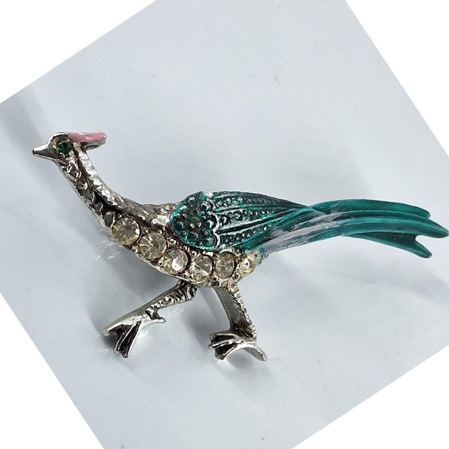 Vintage Silver Tone Teal Enamel Rhinestone Peacock Bird Brooch Pin Figural Art - View 4