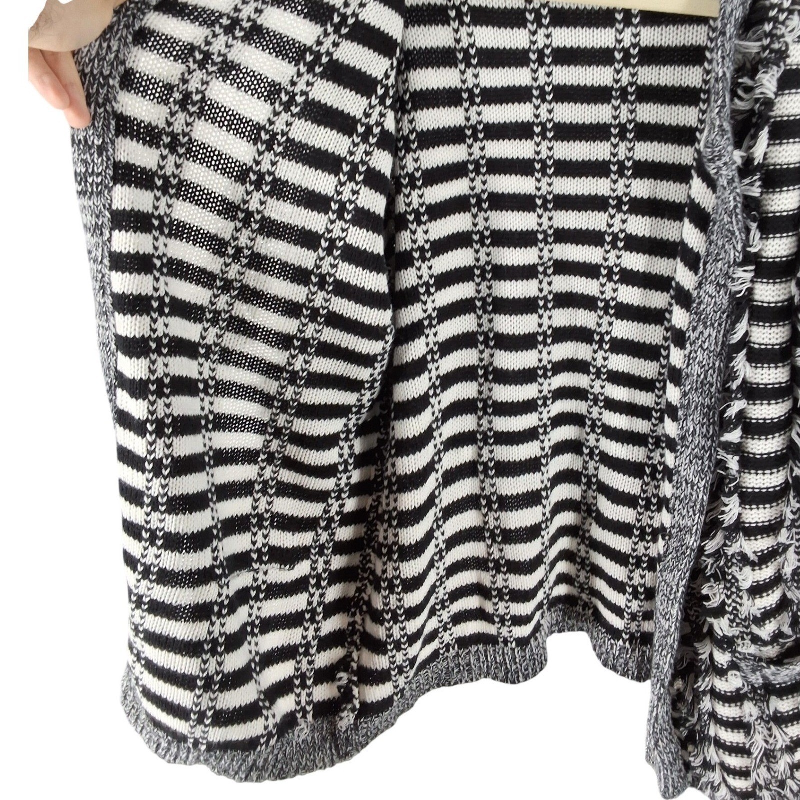Endless Rose Black White Striped Fringe Open Front Cardigan Sweater M/L - View 5