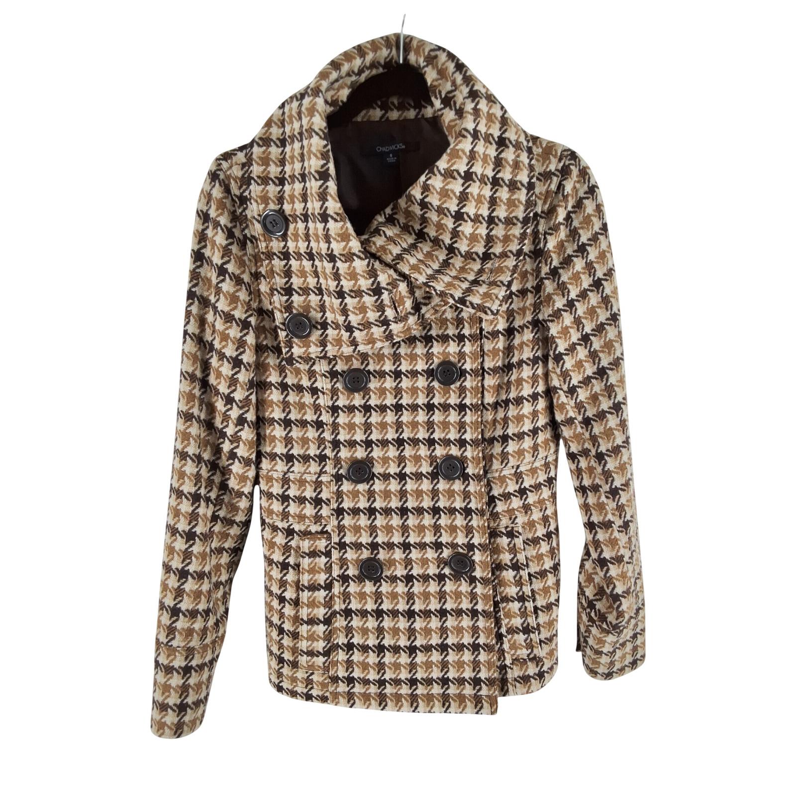 Chadwicks Brown Houndstooth Double Breasted Pea Coat Funnel Neck Jacket Sz 6
