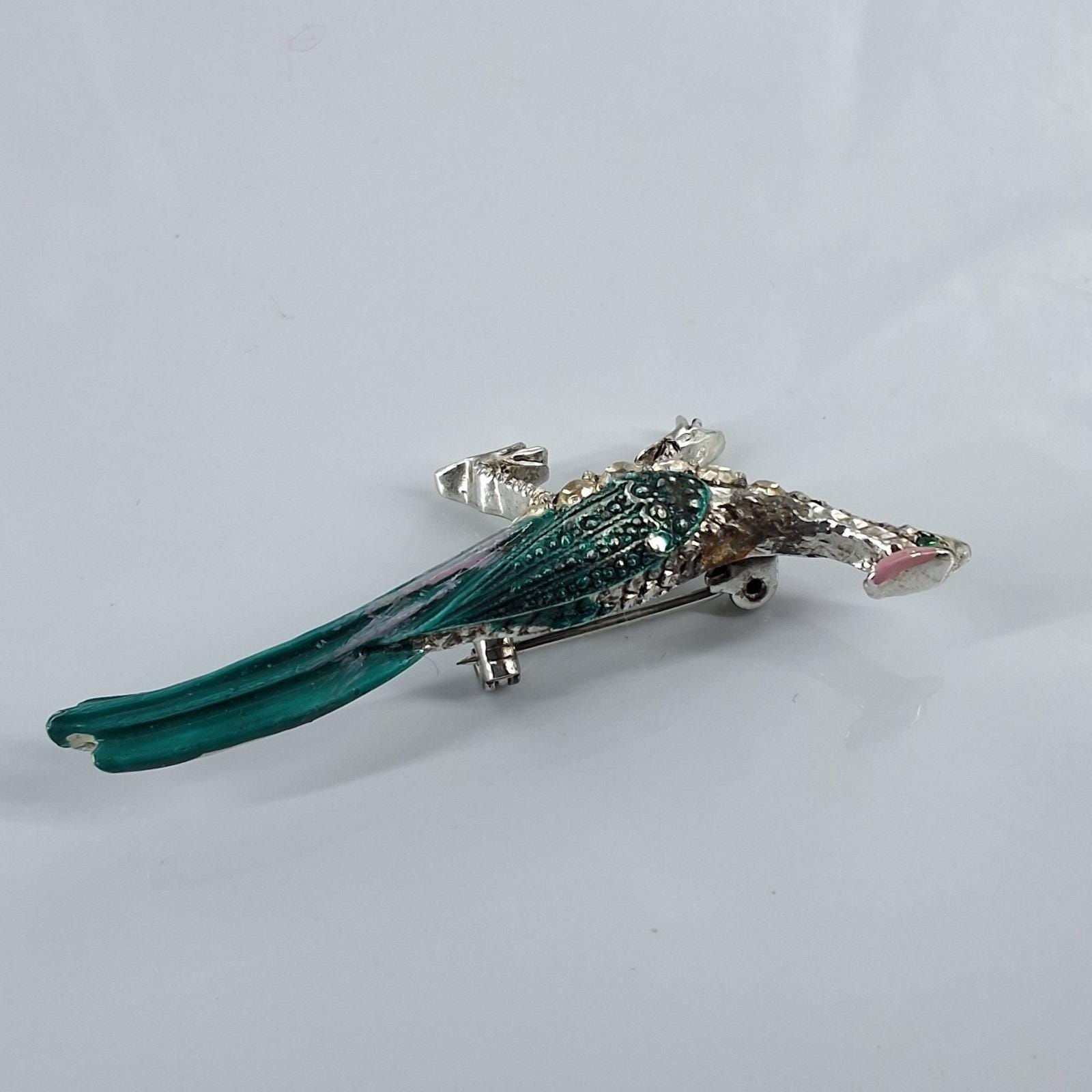 Vintage Silver Tone Teal Enamel Rhinestone Peacock Bird Brooch Pin Figural Art - View 5