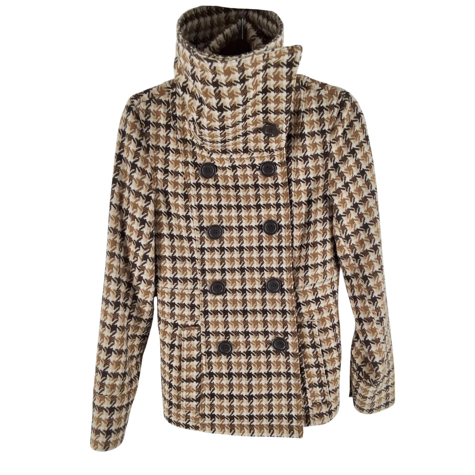 Chadwicks Brown Houndstooth Double Breasted Pea Coat Funnel Neck Jacket Sz 6 - View 3