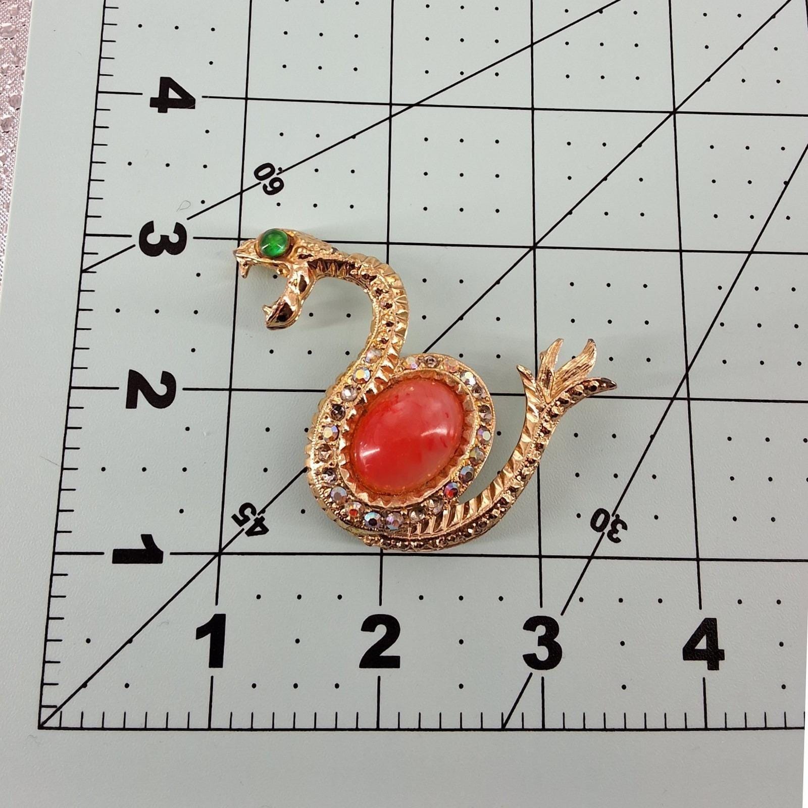 Vintage Snake Brooch Gold Tone Cabochon AB Rhinestone Serpent Pin 3"