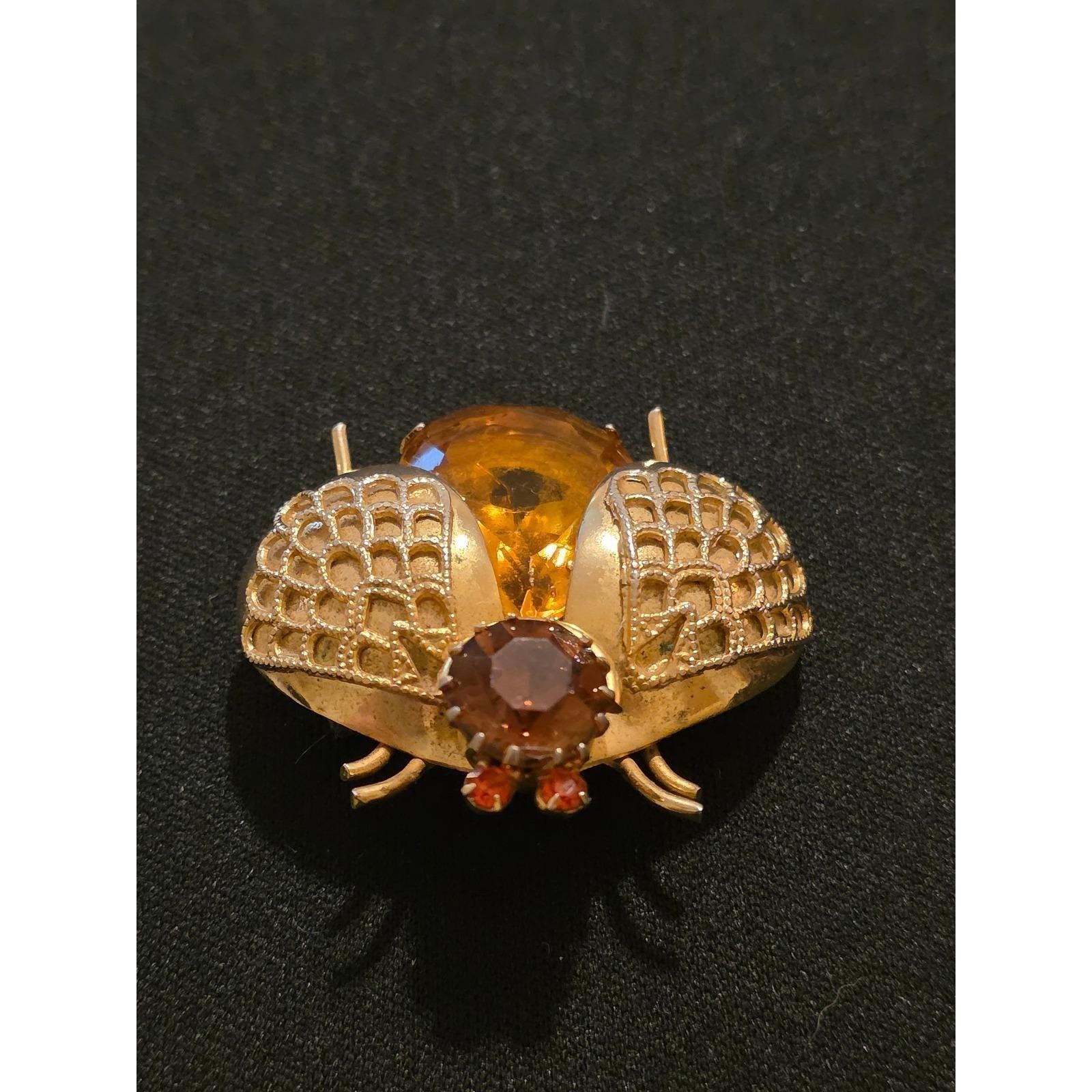 Vintage Gold Tone Amber Glass Rhinestone Bee Beetle Insect Brooch Pin - View 5