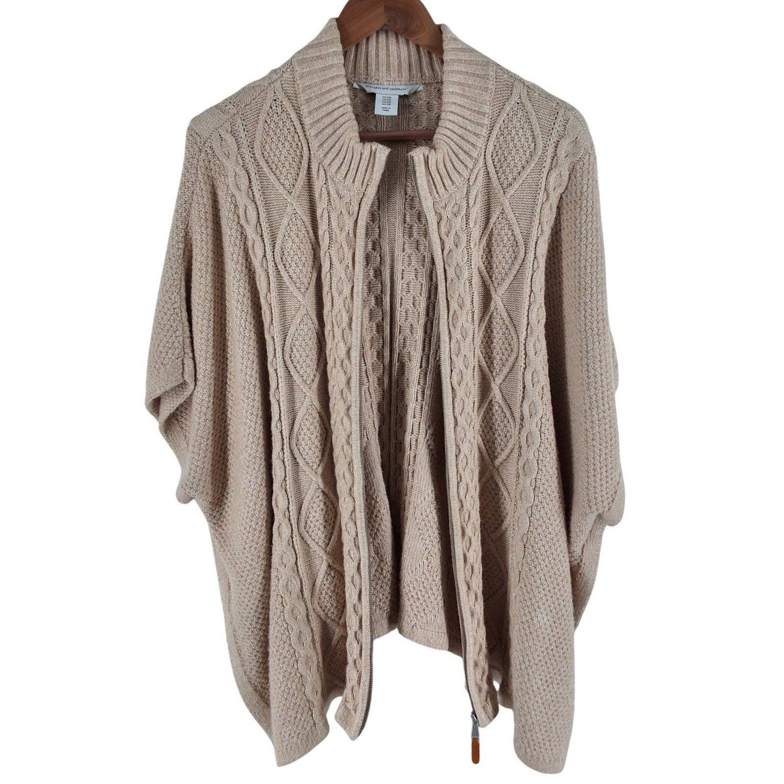 Cupcakes and Cashmere Tan Cable Knit Full Zip Poncho Sweater Mock Neck S/M - View 4