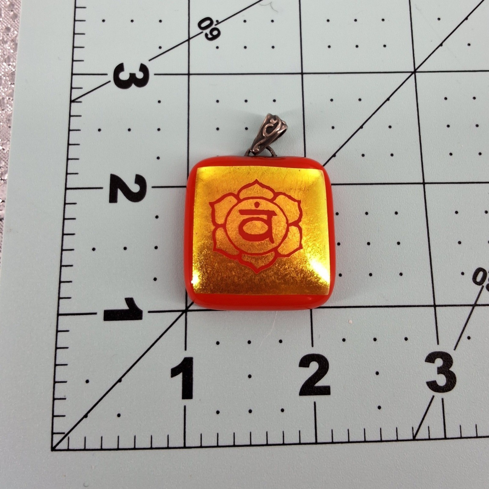 Orange Fused Glass Sacral Chakra Pendant Gold Foil Svadhisthana Symbol Square