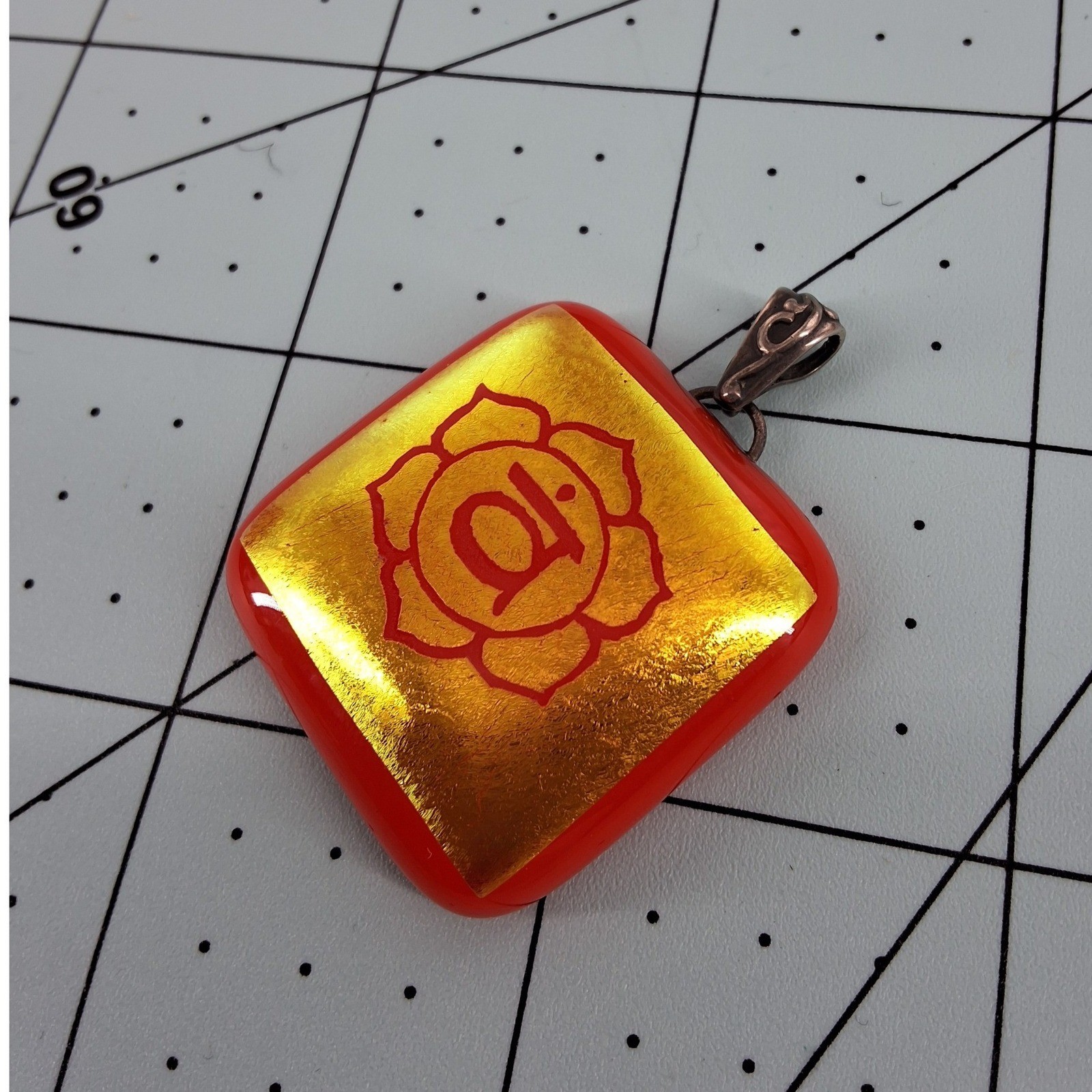 Orange Fused Glass Sacral Chakra Pendant Gold Foil Svadhisthana Symbol Square - View 5