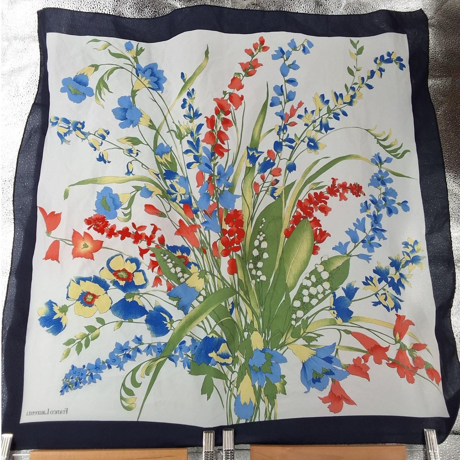 Franco Laurenti Floral Wildflower Square Scarf Navy Blue White Border 28x28 - View 5
