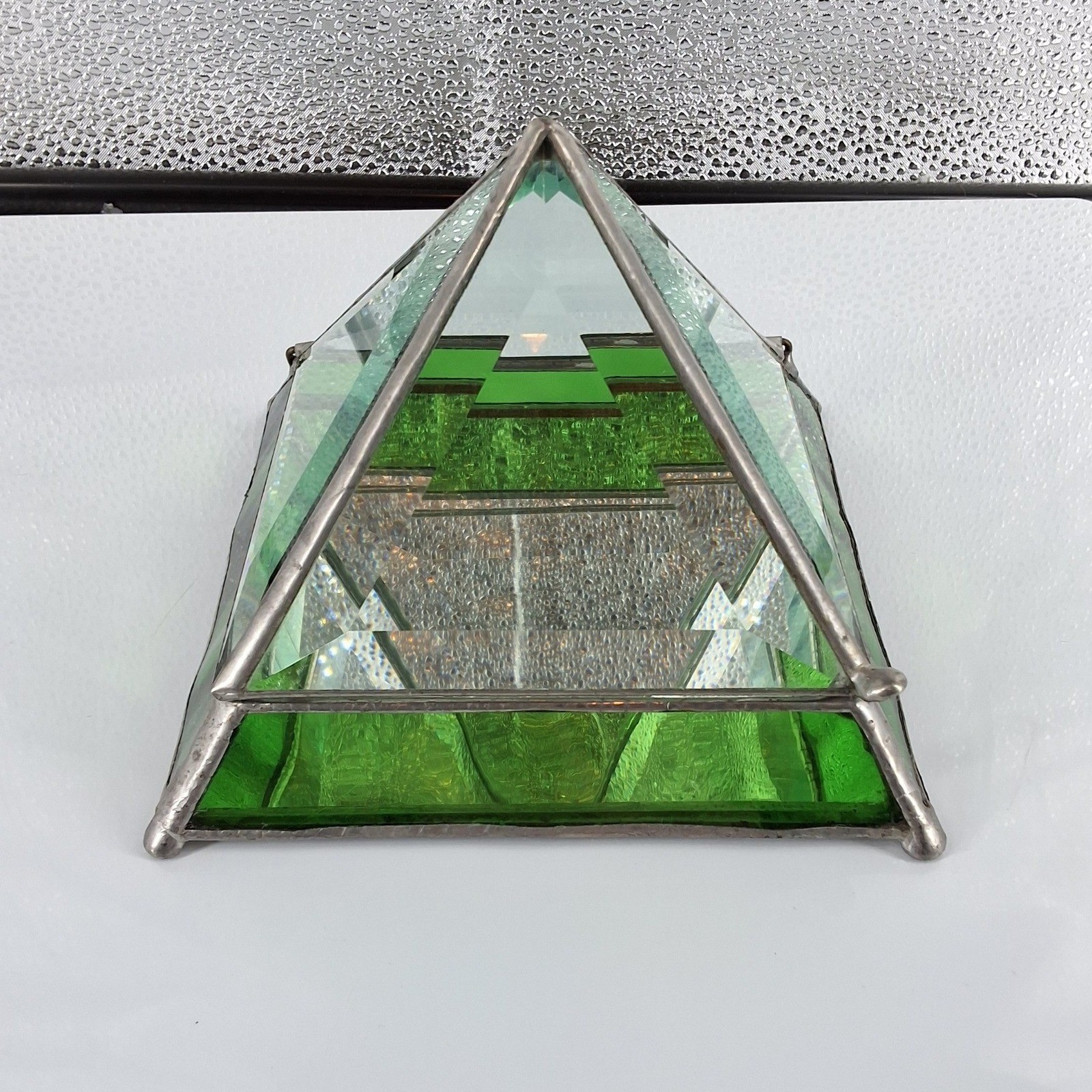 Vintage Stained Glass Pyramid Trinket Box Green Beveled Mirrored Jewelry Case - View 5