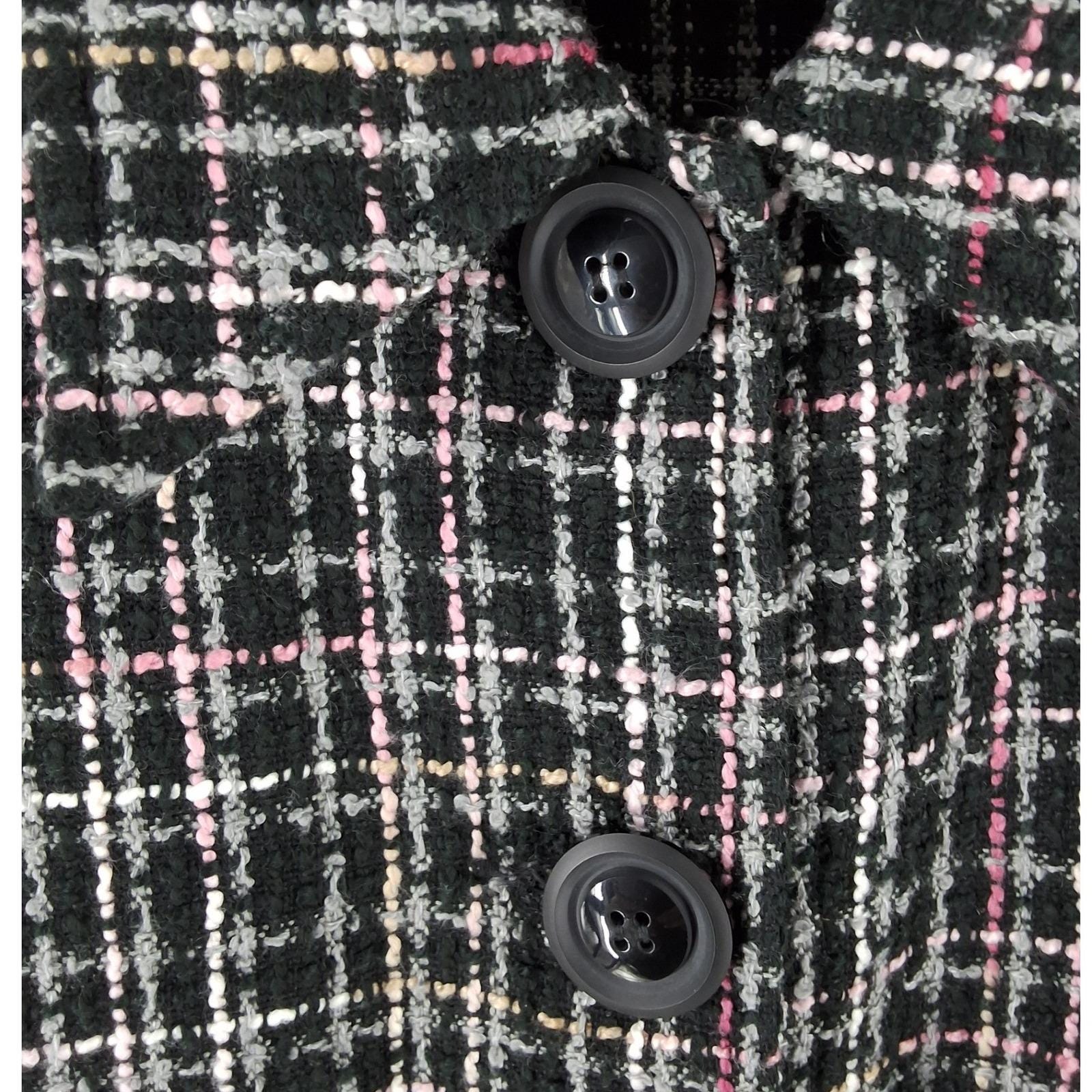 Sarah Bentley Black Pink Plaid Boucle Knit Button Cardigan Jacket XL