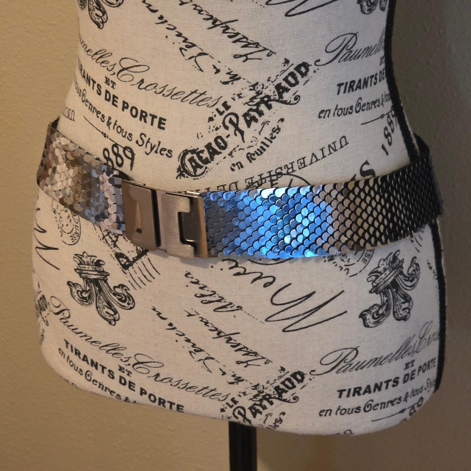 Vintage Silver Metal Mesh Scale Belt Wide Interlocking Buckle Glam Disco Retro