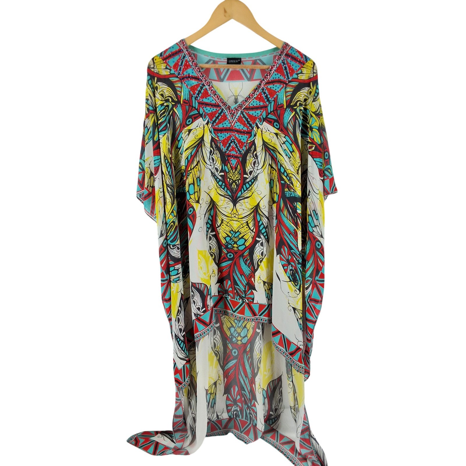 Sakkas Laisson Flowy Hi Low Caftan Rhinestone Boxy V Neck Dress Top Cover Up OS