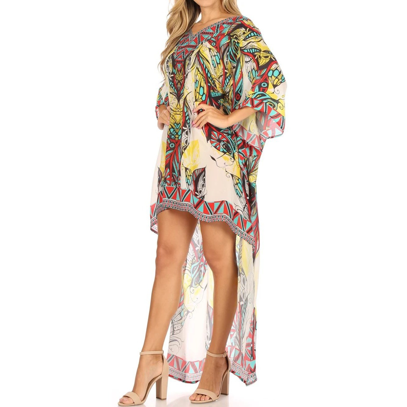 Sakkas Laisson Flowy Hi Low Caftan Rhinestone Boxy V Neck Dress Top Cover Up OS - View 5