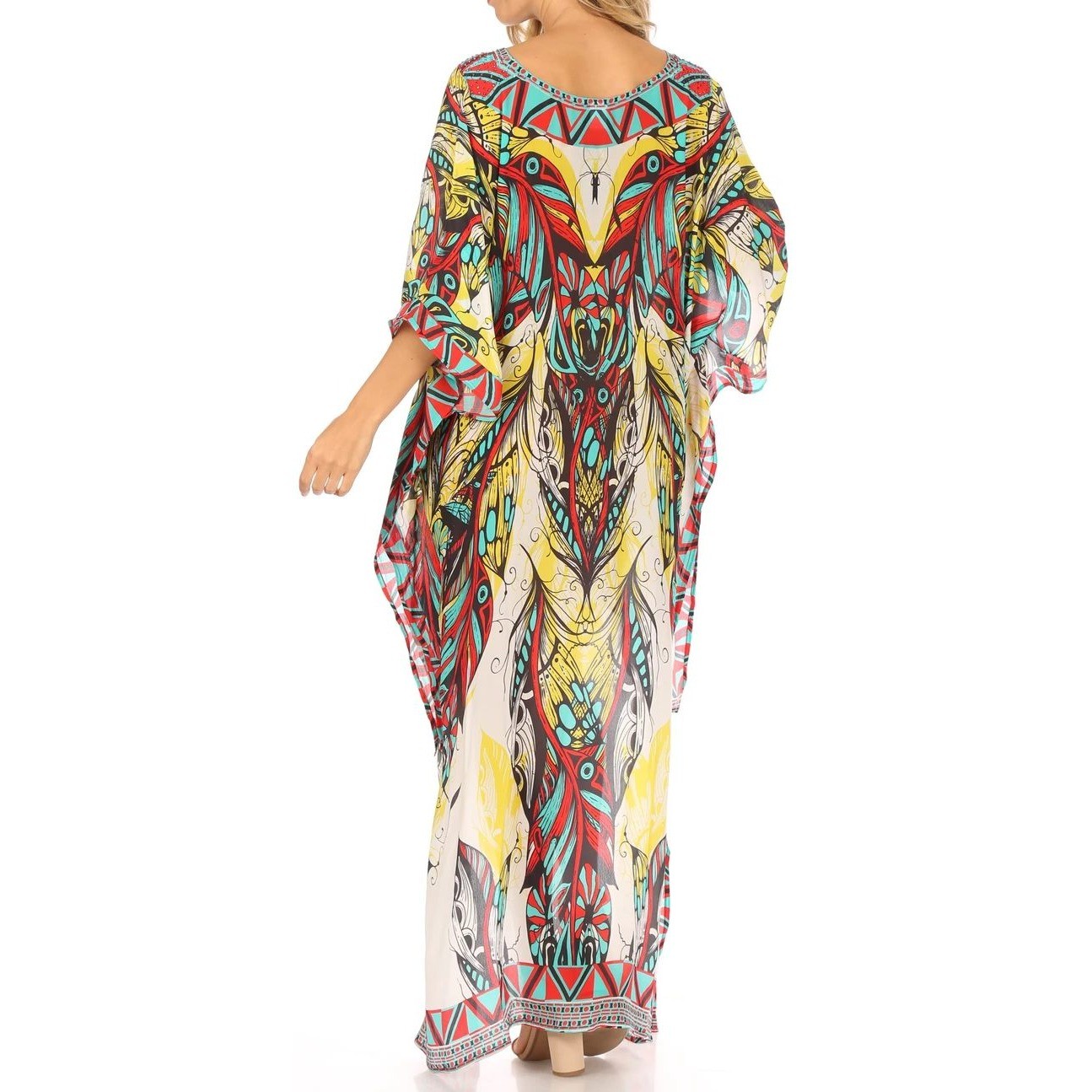 Sakkas Laisson Flowy Hi Low Caftan Rhinestone Boxy V Neck Dress Top Cover Up OS - View 8
