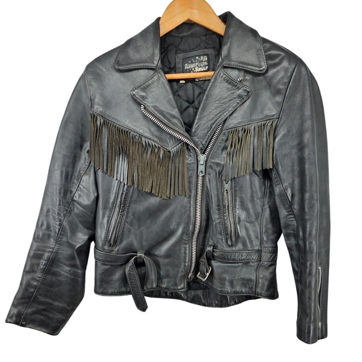 All American Rider Womens Black Leather Fringe Jacket Size 10