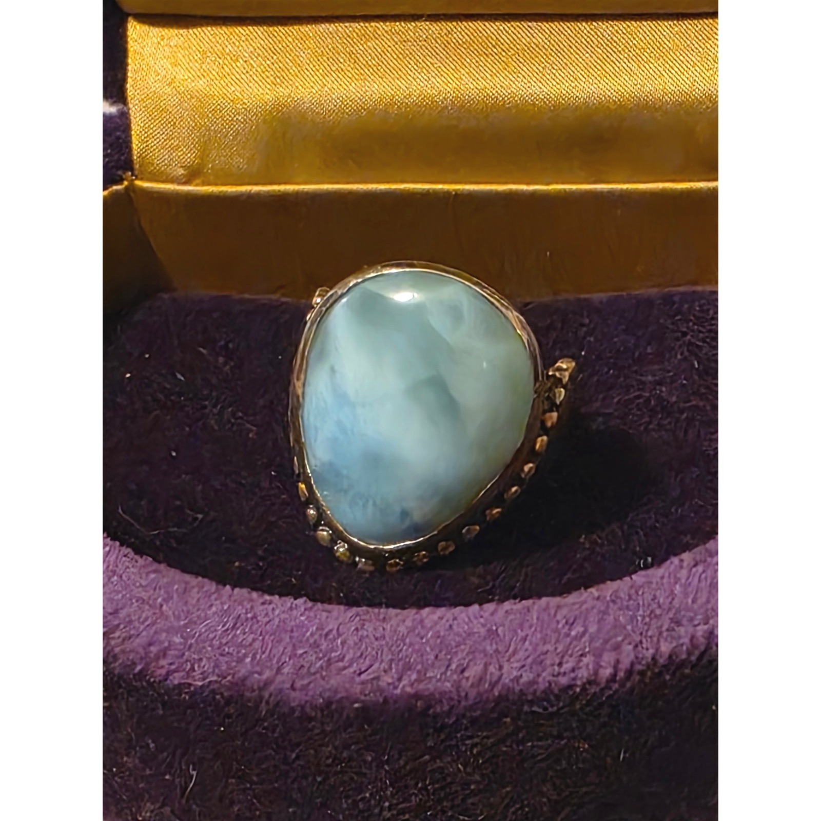 Sterling Silver Larimar Teardrop Statement Ring Size 10.25 Boho Beaded Trim