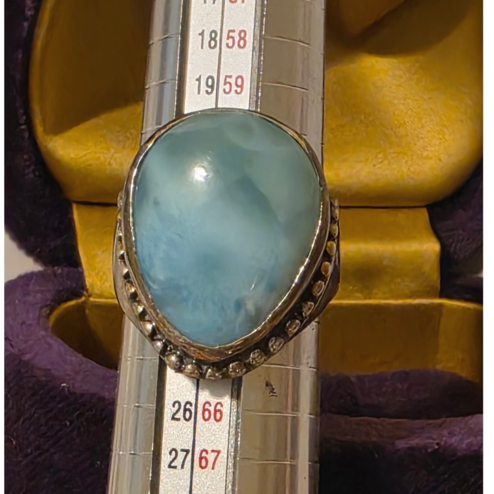 Sterling Silver Larimar Teardrop Statement Ring Size 10.25 Boho Beaded Trim - View 3