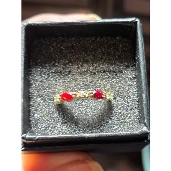 Vintage Red & Clear Rhinestone Ring Size 7 Gold Tone Prong Set Stacking Band - View 4