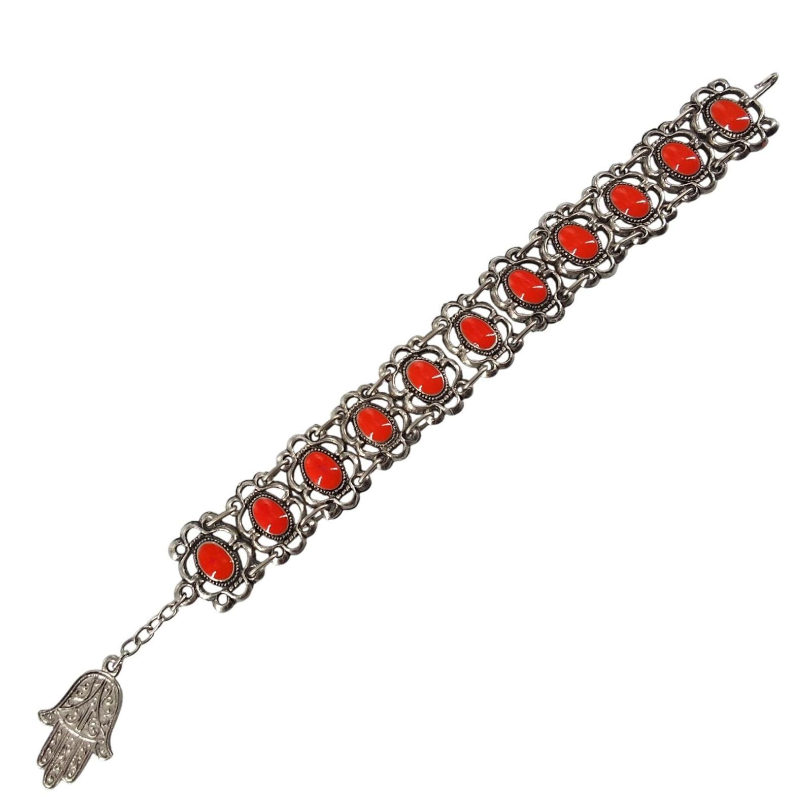 Vtg Souvenir de Tunisie Hamsa Hand Orange Lucite Link Bracelet