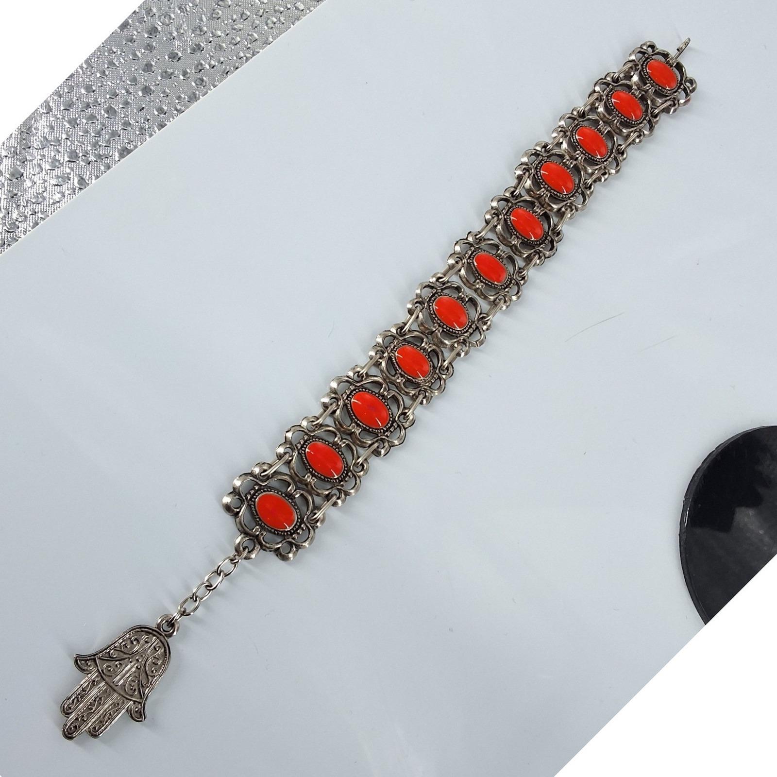 Vtg Souvenir de Tunisie Hamsa Hand Orange Lucite Link Bracelet - View 5