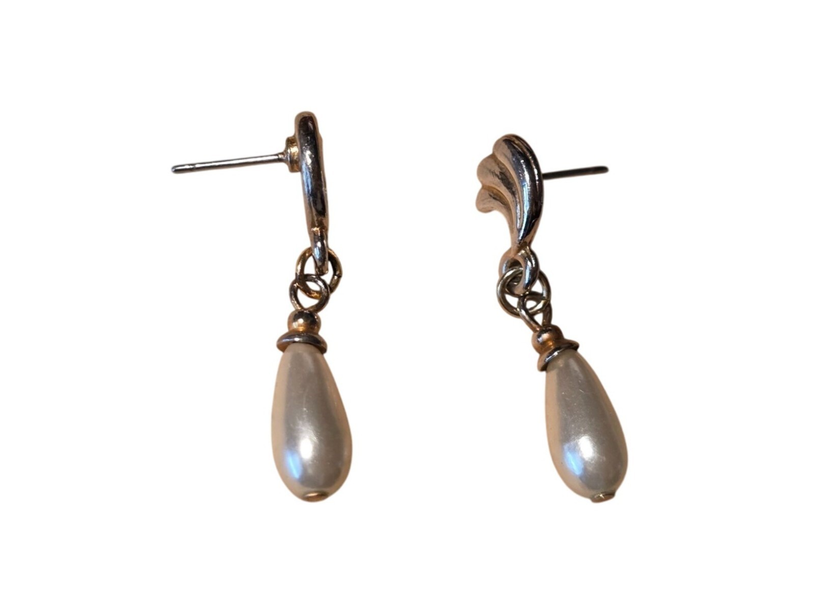 Vintage Gold Tone Faux Pearl Teardrop Earrings Wave Dangle Bridal Post 1.25"