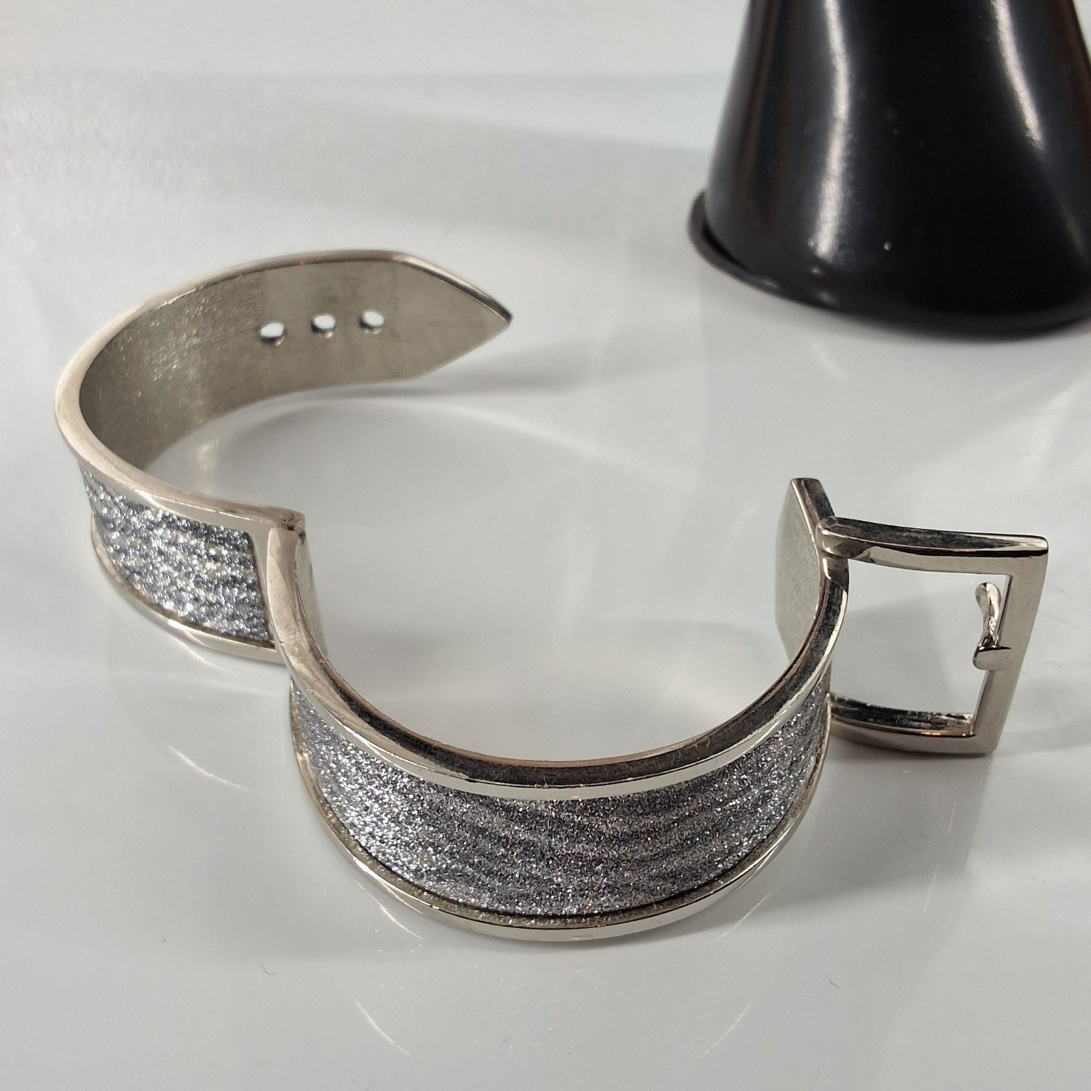 Silver Tone Zebra Print Glitter Belt Buckle Hinged Cuff Bracelet Statement Piece - View 5