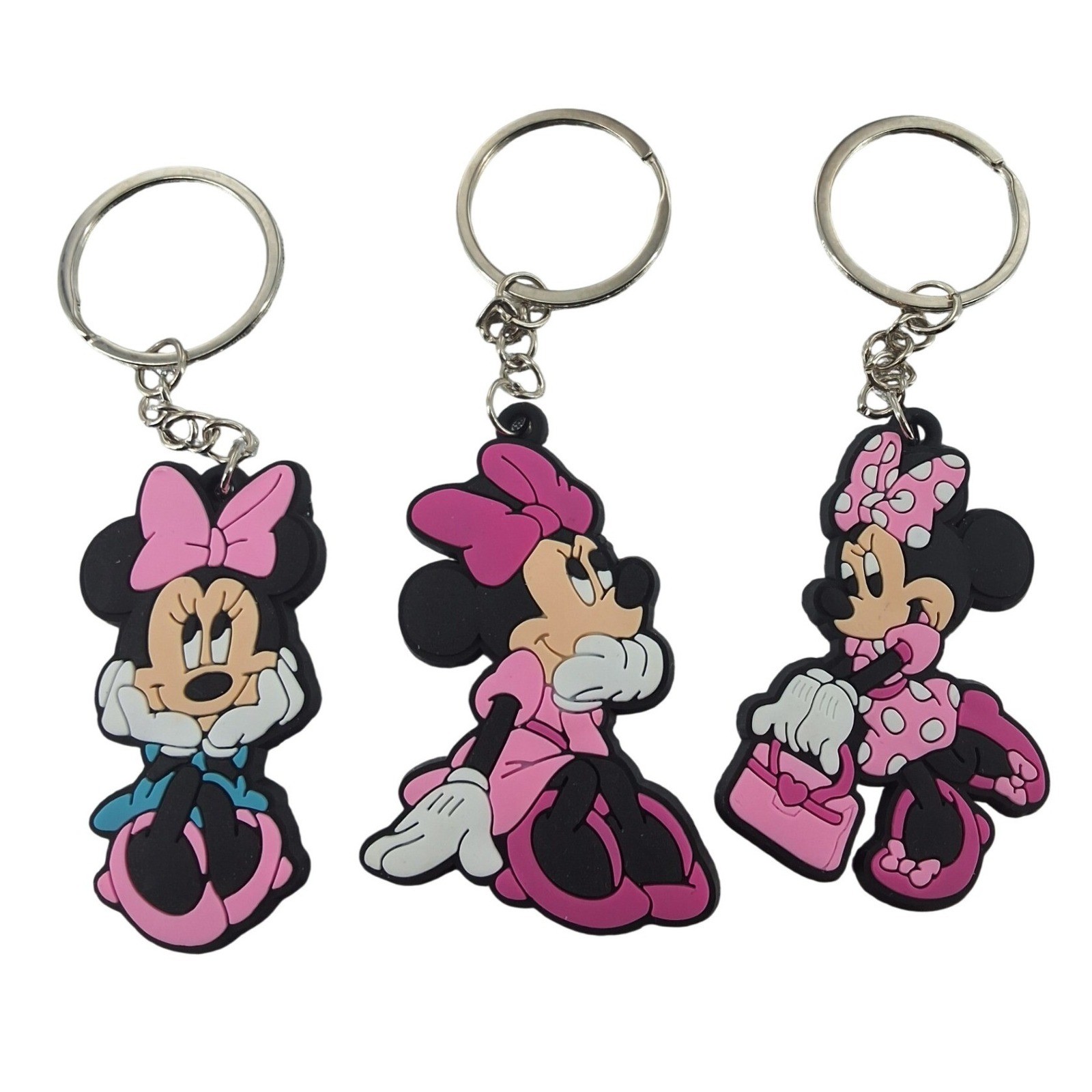 Disney Minnie Mouse Rubber Keychain Set of 3 | Pink & Black Bag Charm Fob