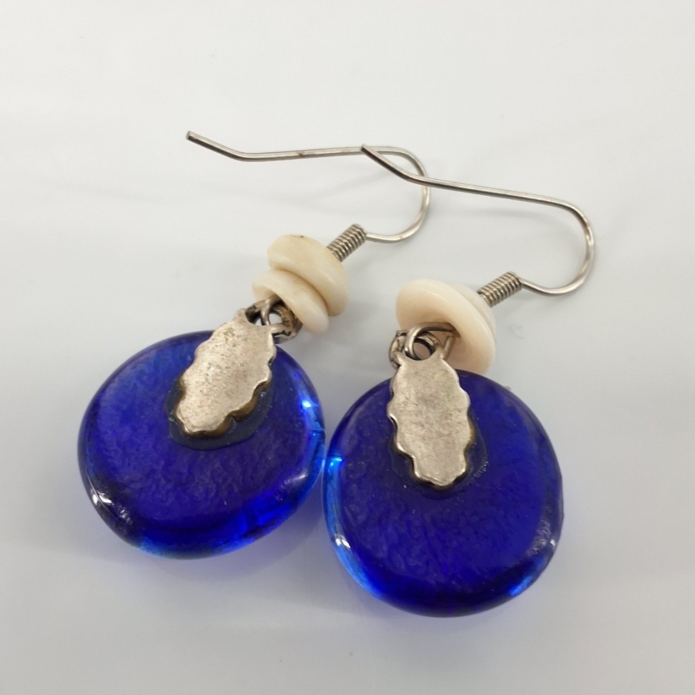 Blue Dichroic Glass Drop Earrings Silver Tone Shell Accent Artisan