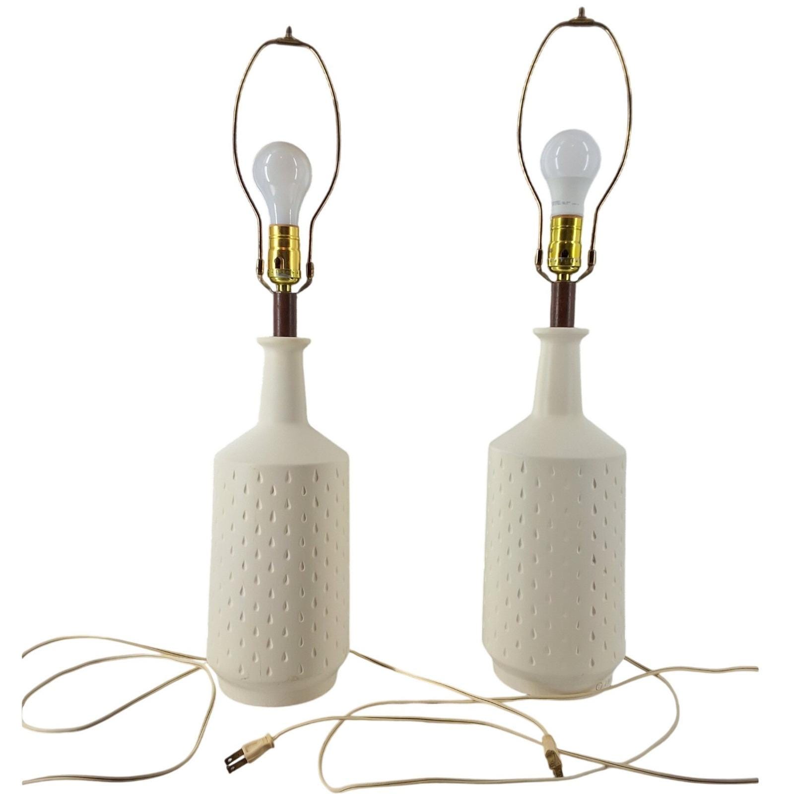 Vintage 1964 CN Burman Co White Ceramic Teardrop Table Lamps Pair MCM 28"