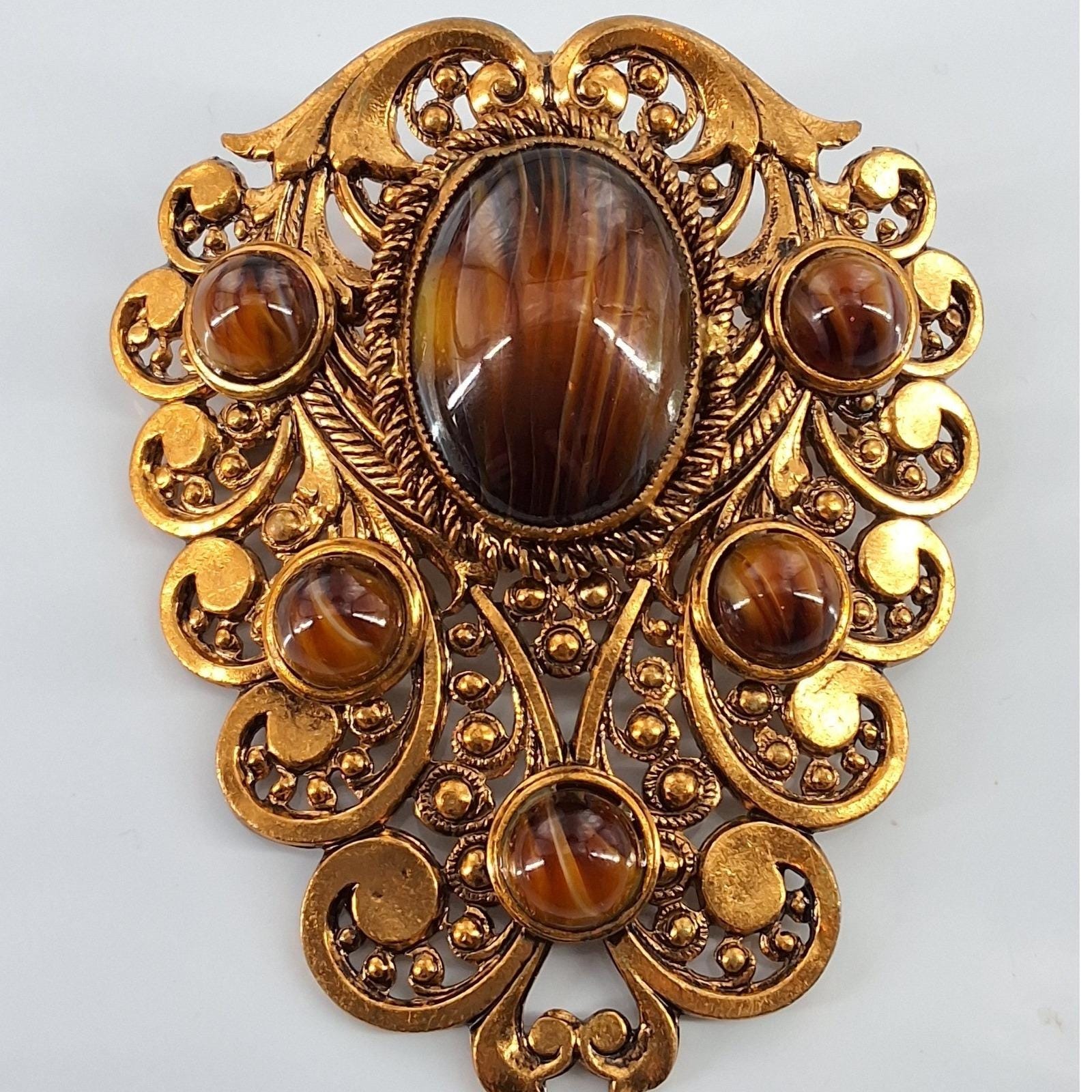 Vintage West Germany Gold Filigree Brooch Pendant Faux Tiger Eye Amber Ornate
