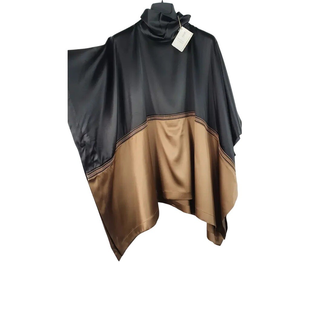Brunello Cucinelli Silk Monili Bead Colorblock Poncho Wrap Black Brown L - View 7