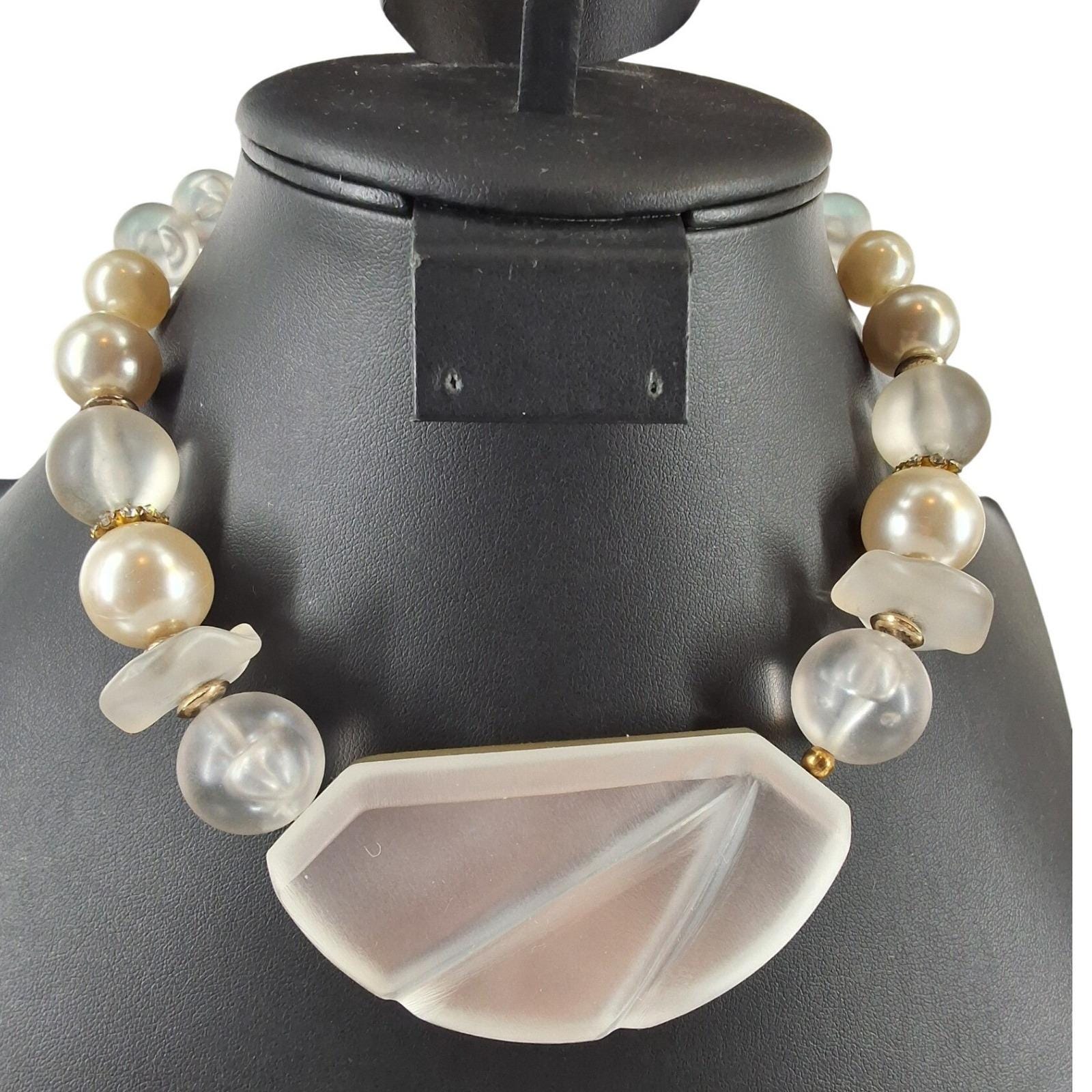 Vtg 80s Art Deco Statement Necklace Chunky Frosted Geometric Pendant Faux Pearl