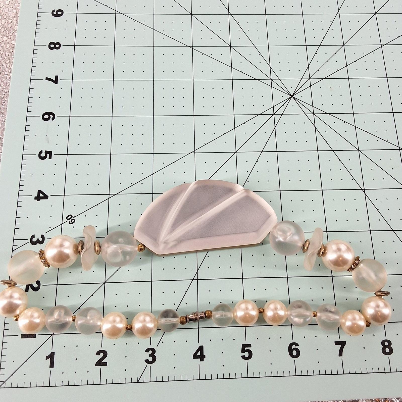 Vtg 80s Art Deco Statement Necklace Chunky Frosted Geometric Pendant Faux Pearl - View 5