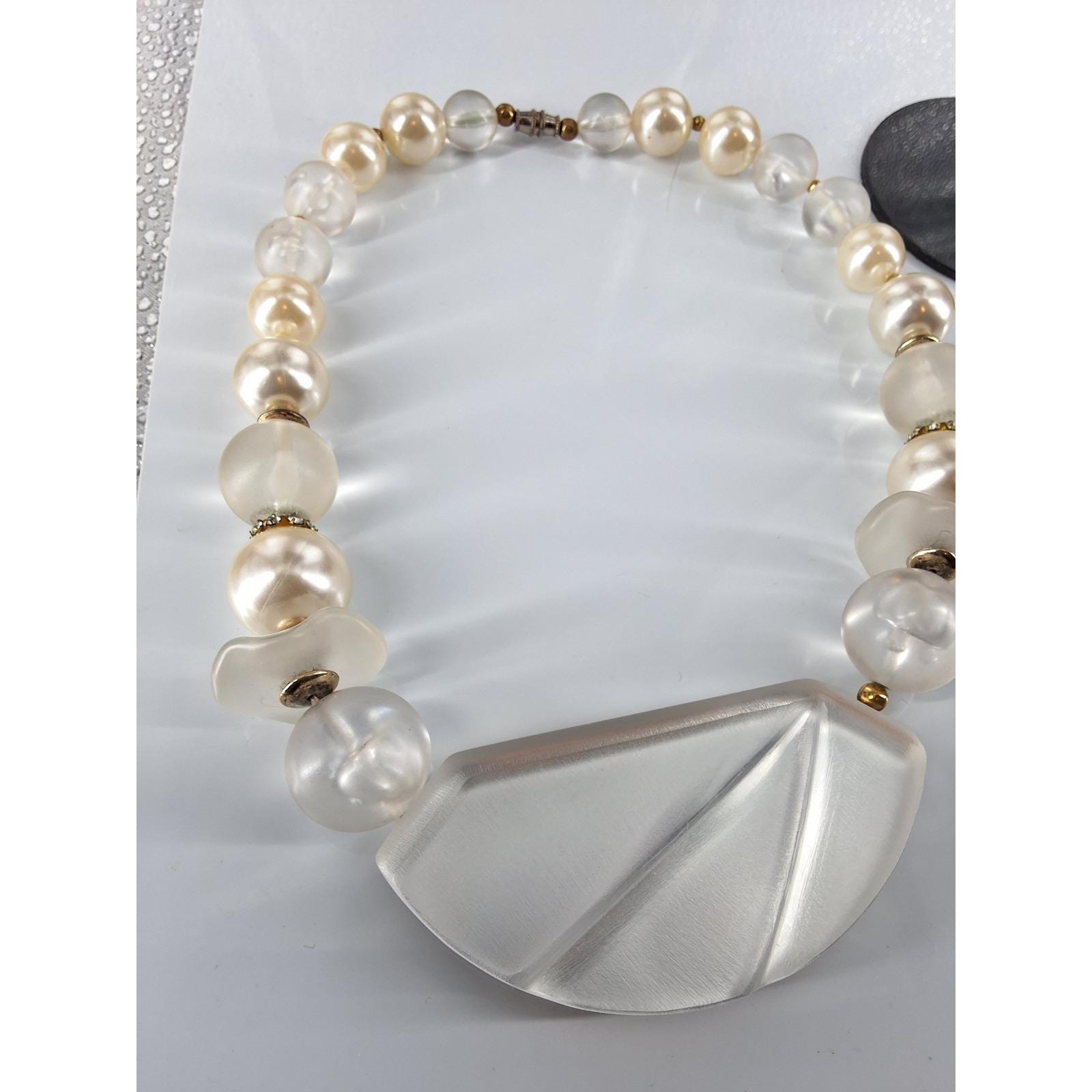 Vtg 80s Art Deco Statement Necklace Chunky Frosted Geometric Pendant Faux Pearl - View 7