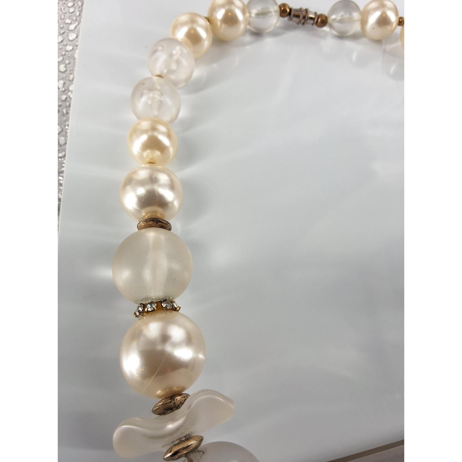 Vtg 80s Art Deco Statement Necklace Chunky Frosted Geometric Pendant Faux Pearl - View 8