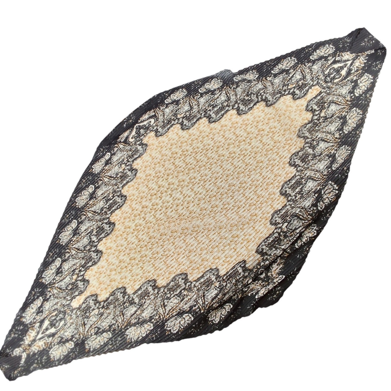 Vintage Style Black and Tan Pleated Diamond Scarf Damask Floral Print Accessory - View 4