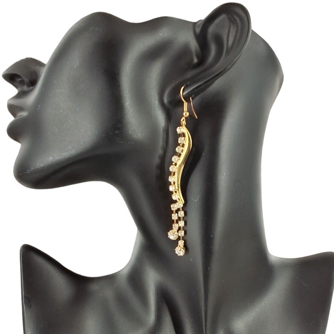 Gold Tone Rhinestone Curved Bar Dangle Drop Earrings Clear Crystal Formal